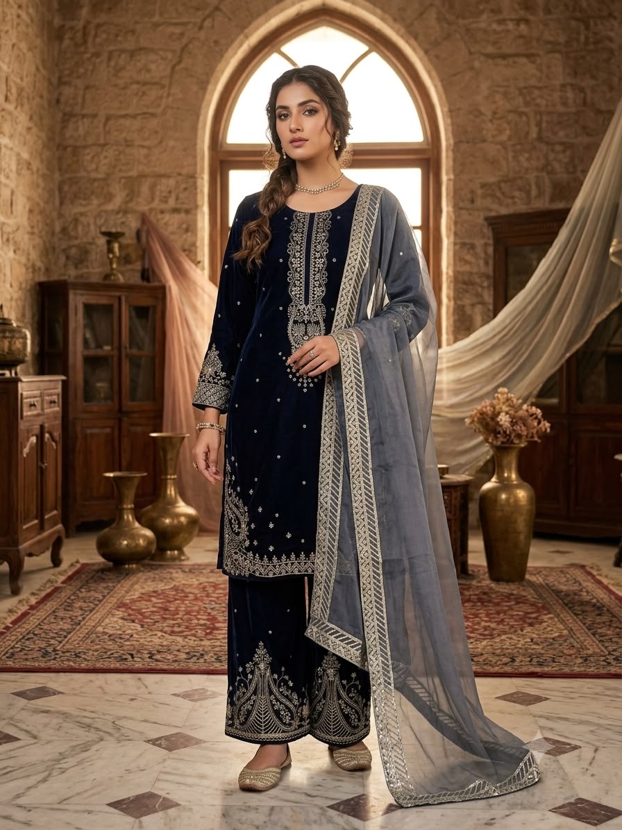 FOR UPCOMING WINTER ❄️SEASON ,TRY OUR DESIGNER VELVET SUIT WITH EMBROIDERY WORK TOP, PLAZZO AND DUPATTA