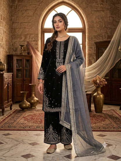 FOR UPCOMING WINTER ❄️SEASON ,TRY OUR DESIGNER VELVET SUIT WITH EMBROIDERY WORK TOP, PLAZZO AND DUPATTA