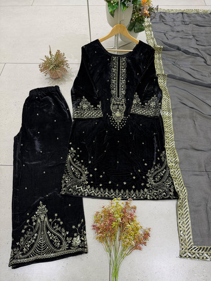 FOR UPCOMING WINTER ❄️SEASON ,TRY OUR DESIGNER VELVET SUIT WITH EMBROIDERY WORK TOP, PLAZZO AND DUPATTA