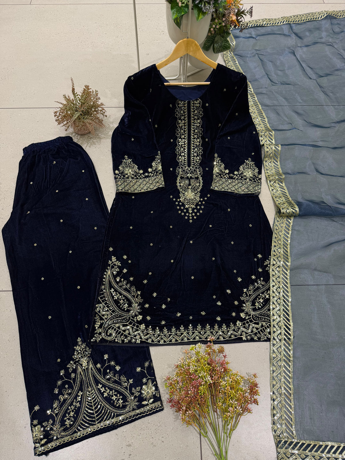 FOR UPCOMING WINTER ❄️SEASON ,TRY OUR DESIGNER VELVET SUIT WITH EMBROIDERY WORK TOP, PLAZZO AND DUPATTA