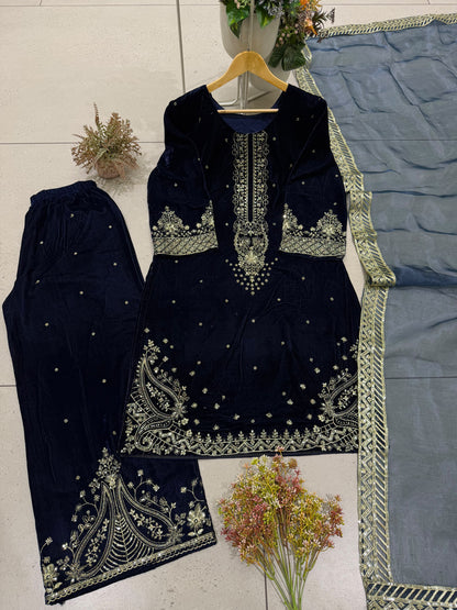 FOR UPCOMING WINTER ❄️SEASON ,TRY OUR DESIGNER VELVET SUIT WITH EMBROIDERY WORK TOP, PLAZZO AND DUPATTA