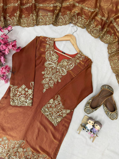 ENHANCE THE BEAUTY OF YOUR WARDROBE WITH THIS NEWLY LAUNCHED KURTI PLAZZO SET WITH BEAUTIFUL FRENDY SILK DUPATTA