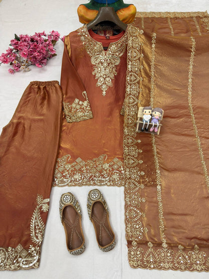 ENHANCE THE BEAUTY OF YOUR WARDROBE WITH THIS NEWLY LAUNCHED KURTI PLAZZO SET WITH BEAUTIFUL FRENDY SILK DUPATTA
