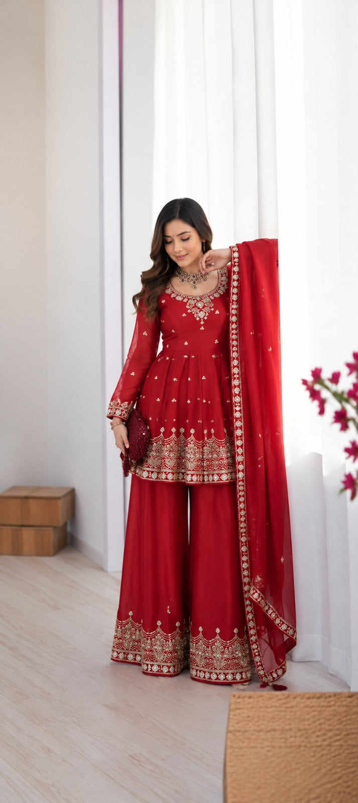 KARVA CHAUTH SPECIAL DESIGNER TOP AND PLAZZO WITH DUPATTA SET