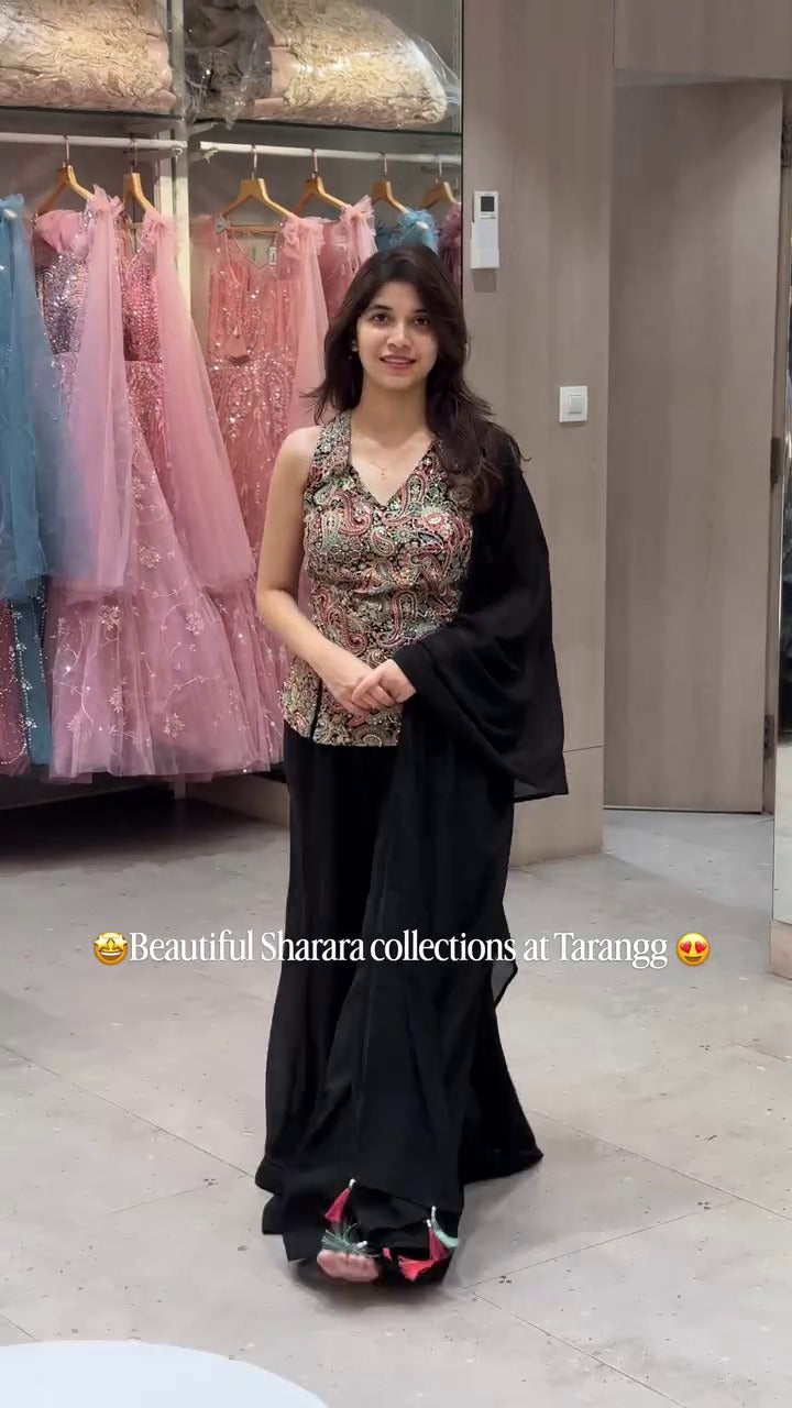FESTIVAL SPECIAL SEQUENCE EMBROIDERY ON FAUX GEORGETTE FABRIC TOP AND PLAZZO WITH DUPATTA SET