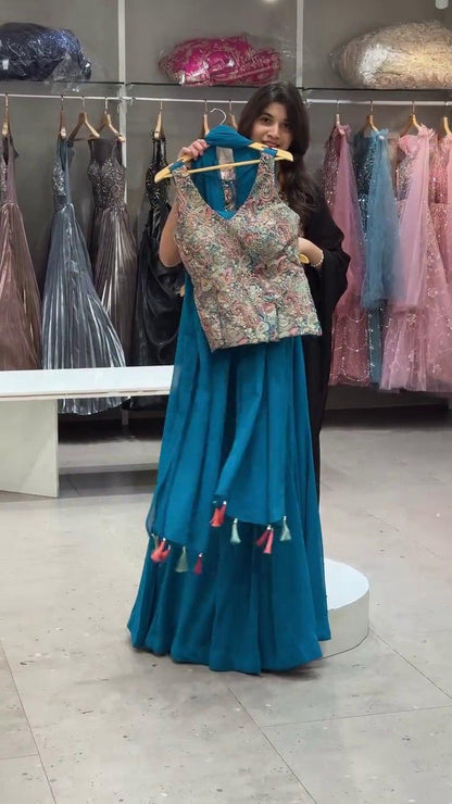 FESTIVAL SPECIAL SEQUENCE EMBROIDERY ON FAUX GEORGETTE FABRIC TOP AND PLAZZO WITH DUPATTA SET