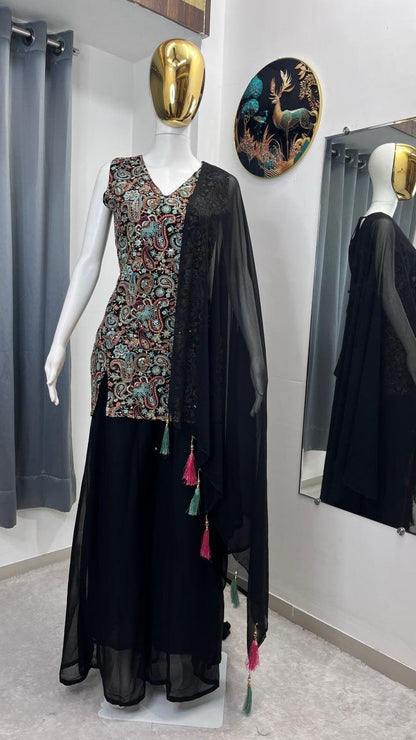 FESTIVAL SPECIAL SEQUENCE EMBROIDERY ON FAUX GEORGETTE FABRIC TOP AND PLAZZO WITH DUPATTA SET