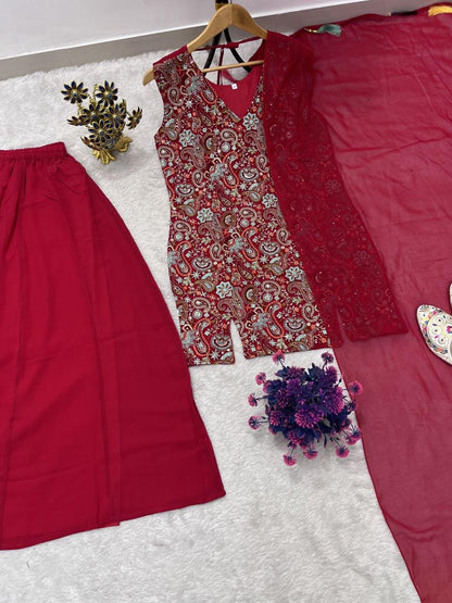 FESTIVAL SPECIAL SEQUENCE EMBROIDERY ON FAUX GEORGETTE FABRIC TOP AND PLAZZO WITH DUPATTA SET