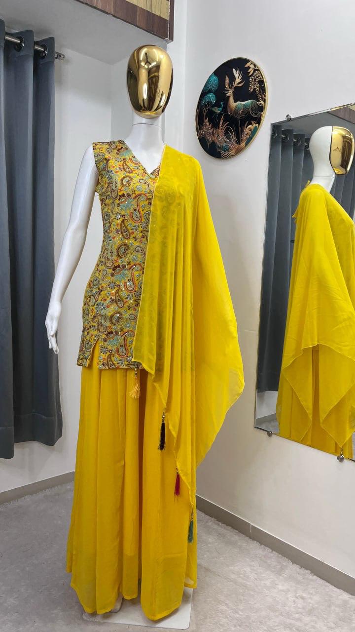 FESTIVAL SPECIAL SEQUENCE EMBROIDERY ON FAUX GEORGETTE FABRIC TOP AND PLAZZO WITH DUPATTA SET