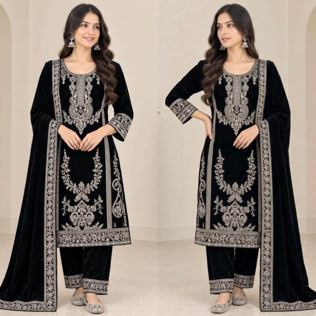 Pure Heavy  Viscous Velvet With Heavy Embroidery Coding Sequence Work With Full Embroidery Sleeve