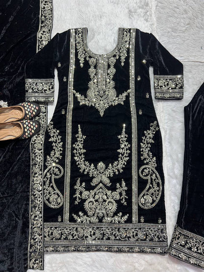 Pure Heavy  Viscous Velvet With Heavy Embroidery Coding Sequence Work With Full Embroidery Sleeve