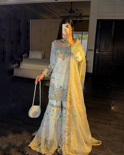 NEW KURTI-SHARARA SET IN GEORGETTE WITH BEAUTIFUL SEQUINS & THREAD EMBROIDERY WORK