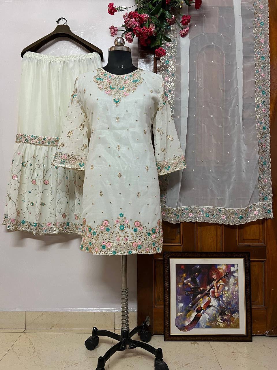 NEW KURTI-SHARARA SET IN GEORGETTE WITH BEAUTIFUL SEQUINS & THREAD EMBROIDERY WORK