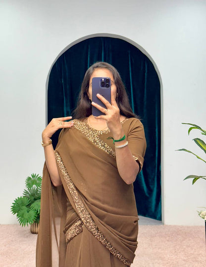 NEW SUPERHIT TRENDING FAUX GEORGETTE FABRIC WITH EMBROIDERY WORK FULL FLAIR STITCHED SAREE-GOWN 4 SIZE