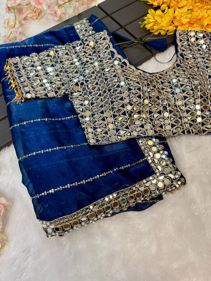 Soft satin Organza saree which is embedded with real mirror work Embroidery