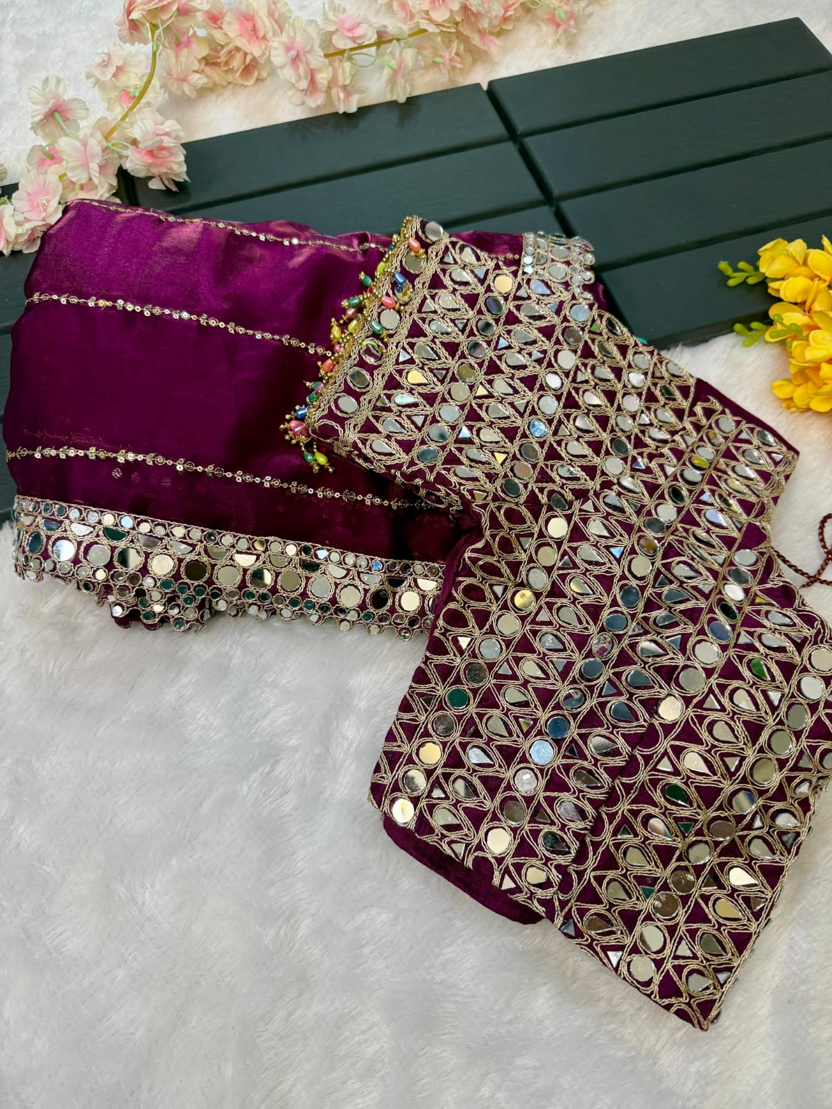Soft satin Organza saree which is embedded with real mirror work Embroidery