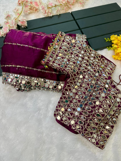 Soft satin Organza saree which is embedded with real mirror work Embroidery