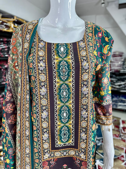 Pure Muslin Fabric With Original Mirror & Stone   Work Kurti Pant & Dupatta With Original Kodi Lace work With Lining