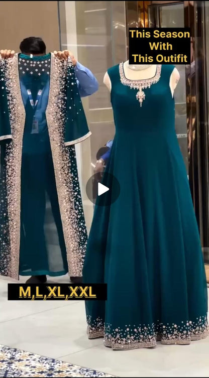 SUPERHIT TRENDING FESTIVE COLLECTION GOWN, KOTI & DUPATTA SET WITH EMBROIDERY WORK & CRYSTAL STONE WORK