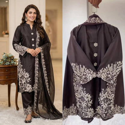 SUMMER SEASON WEAR PAKISTANI SUIT WITH EMBROIDERED WORKED TOP, PLAZZO AND DUPATTA