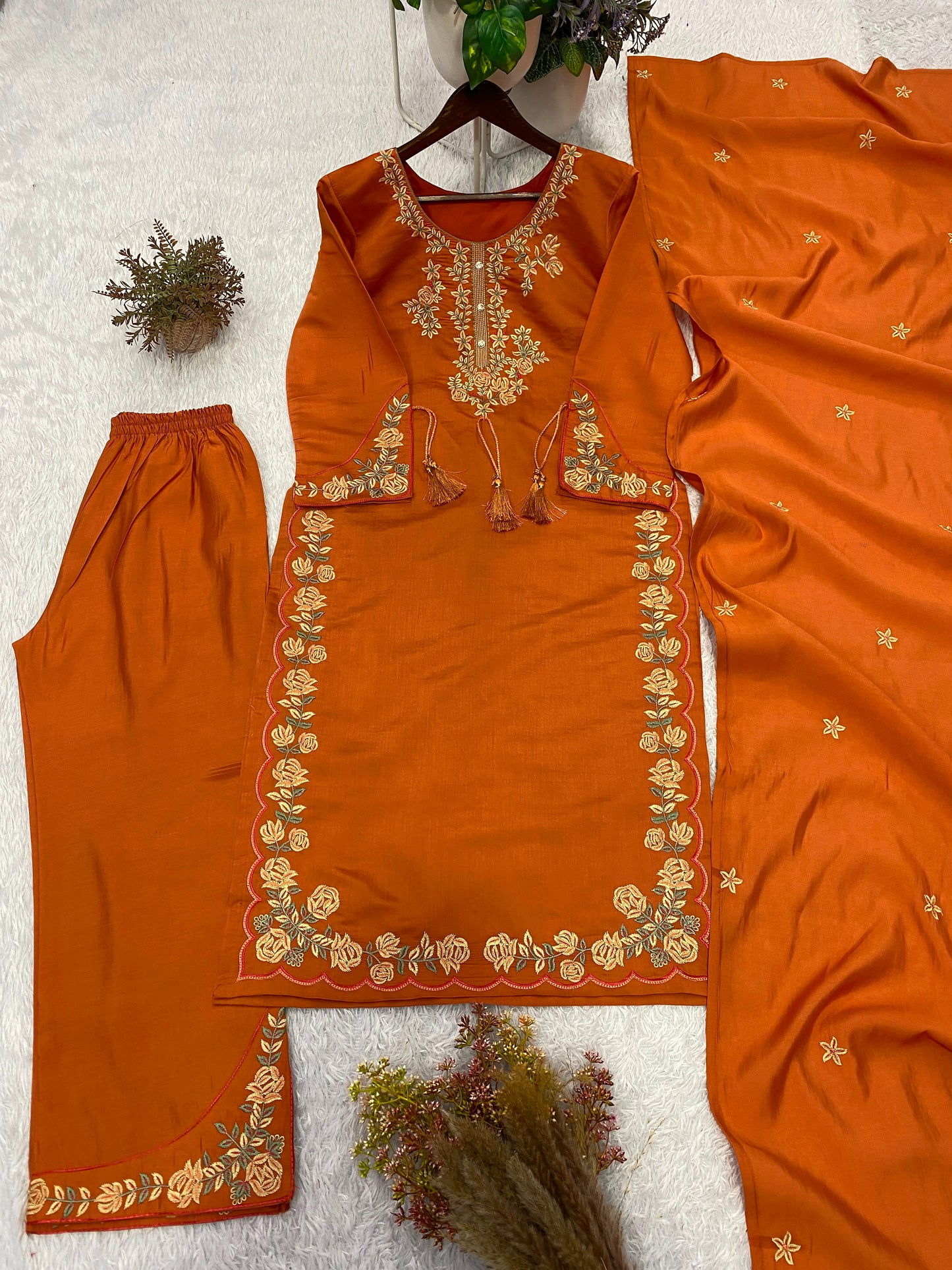 THIS WEDDING SEASON, TRY OUR DESIGNER EMBROIDERED WORKED TOP  PLAZZO SUIT WITH DUPATTA