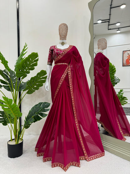 Looking some one for this same colour beautiful Designer Saree on Faux Georgette Febric with Thred & Sequnce work and blouse on Mono Benglori Silk Febric with Thred & Sequnce work.