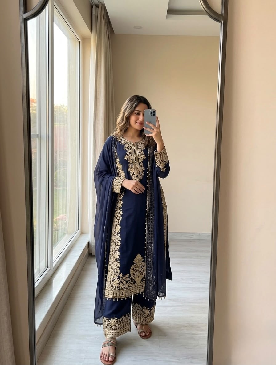Đěsigner Party Wear Look Pur Heavy Faux Georgette Top Plazzo & Dupatta Set👗