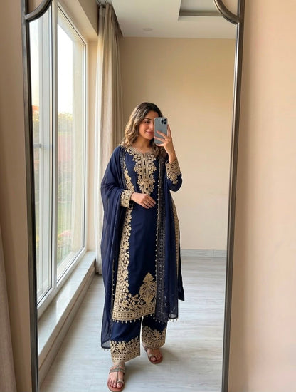 Đěsigner Party Wear Look Pur Heavy Faux Georgette Top Plazzo & Dupatta Set👗