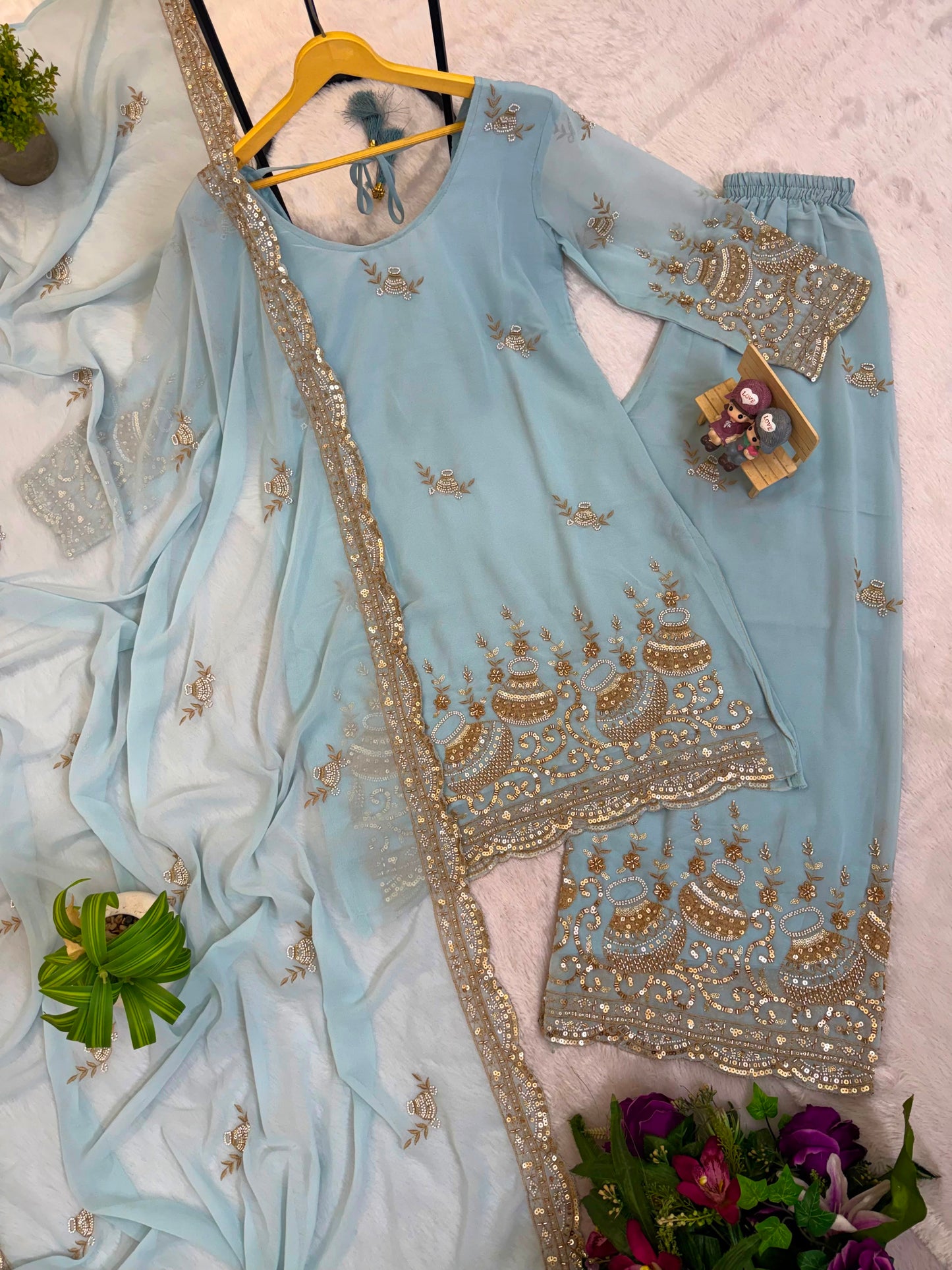 3 PIECES KURTI, PLAZZO & DUPATTA WITH ORIGINAL BEADS CUT DANA WORK