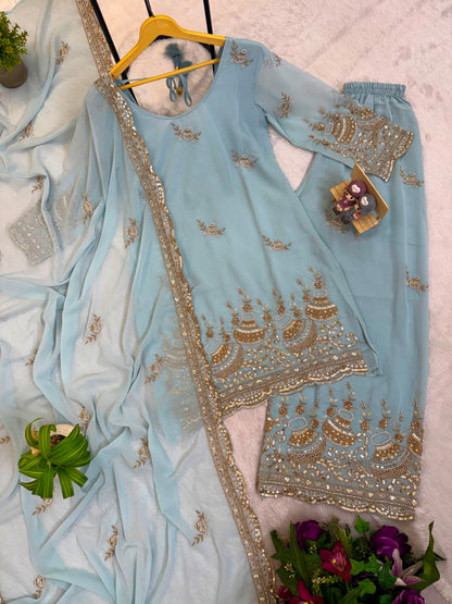 3 PIECES KURTI, PLAZZO & DUPATTA WITH ORIGINAL BEADS CUT DANA WORK