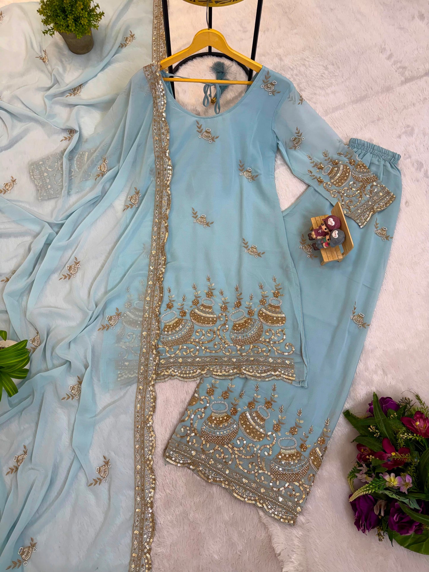 3 PIECES KURTI, PLAZZO & DUPATTA WITH ORIGINAL BEADS CUT DANA WORK