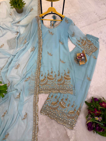 3 PIECES KURTI, PLAZZO & DUPATTA WITH ORIGINAL BEADS CUT DANA WORK