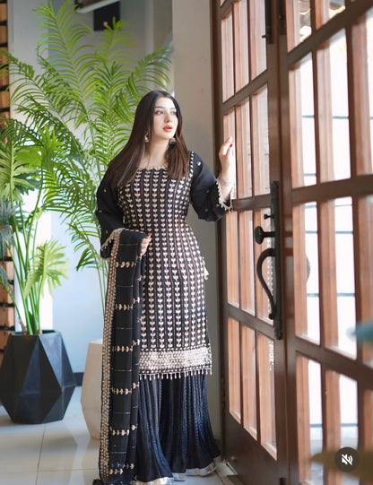 Fox Georgette Top-Sarara and Dupatta Set Fully Stitched Ready To Wear