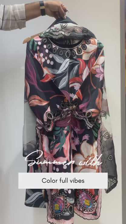 THIS SUMMER SEASON WEAR OUR BEAUTIFUL & COLOUR FULL WITH EMBROIDERED CUTWORKED TOP, PANT WITH DUPATTA