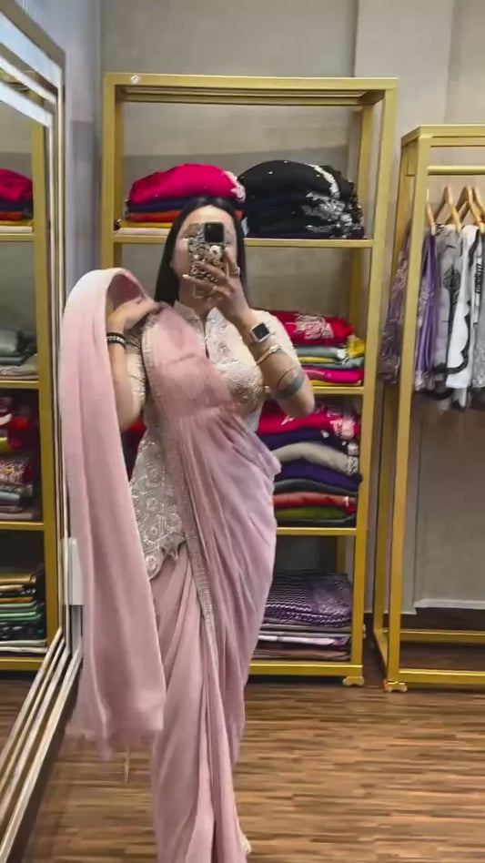 TRENDING READY TO WEAR SAREE WITH FULLY EMBROIDERED STYLIST BLOUSE ON  CHINON FABRIC