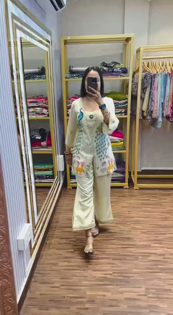 CO-ORD SET WITH FULLY EMBROIDERED KOTI ON  CHIMMAR FABRIC WITH STITCH PLAZZO