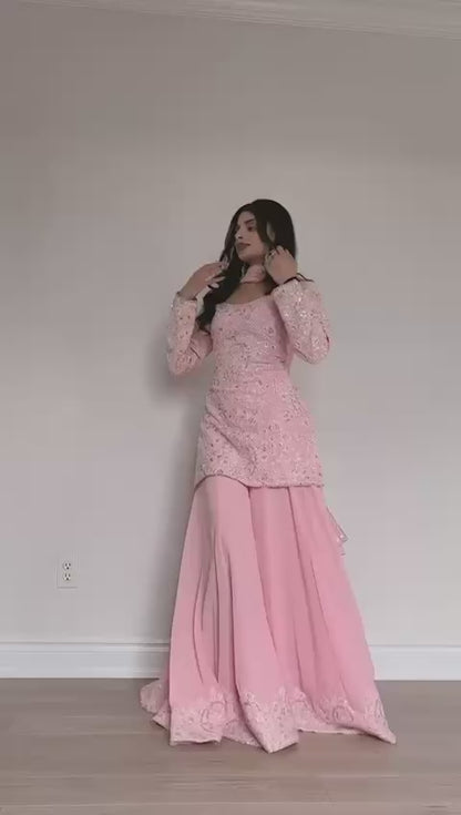 EXCLUSIVE DESIGNER SEQUANCE EMBROIDERY WORK SUIT IN GEORGETTE WITH KURTI, PLAZZO AND DUPATTA