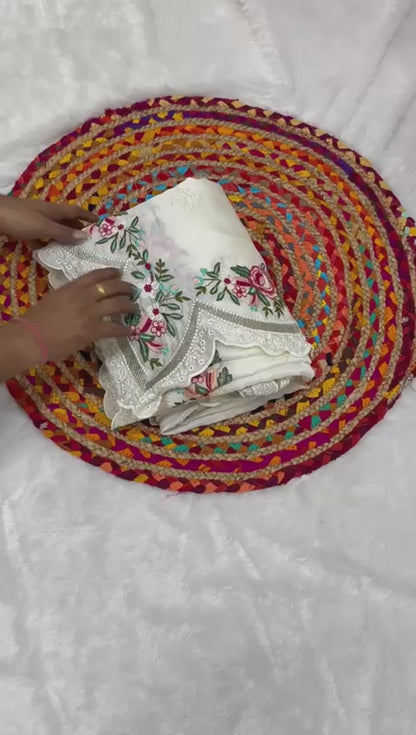 delicately designed and embroidered with floral thread work and cutwork the borders