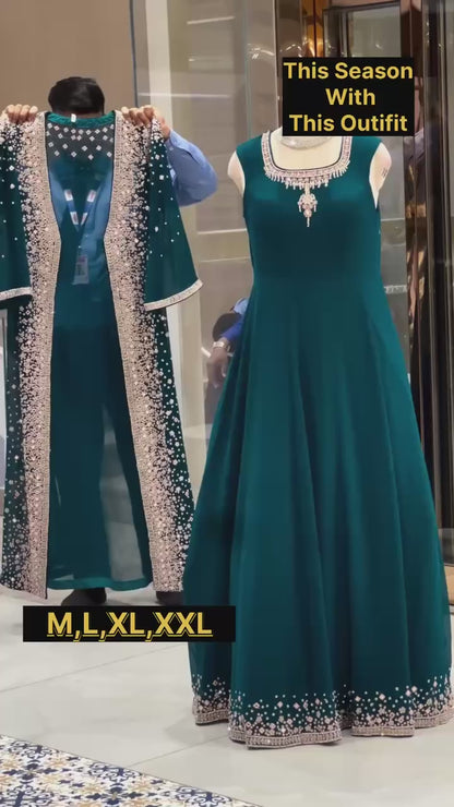 SUPERHIT TRENDING FESTIVE COLLECTION GOWN, KOTI & DUPATTA SET WITH EMBROIDERY WORK & CRYSTAL STONE WORK