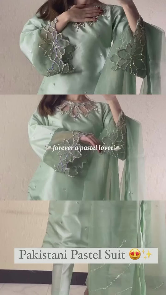 handwork moss satin with bets motti handwork with slve organza fabric