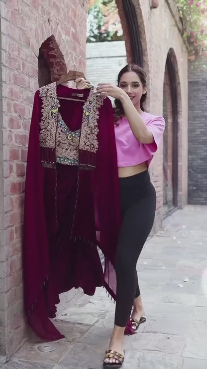 FESTIVAL SPECIAL DESIGNER INDO-WESTERN PATTERN WITH FULL EMBROIDERY WORK WITH FULL STITCH SHRUG & BLOUSE