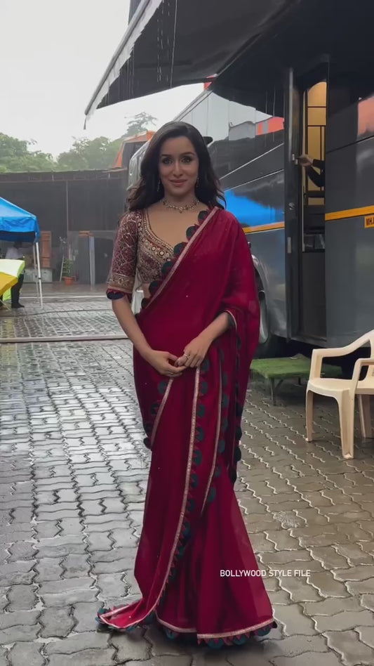 shraddha kapoor bollywood vCUT WORK BORDER SAREE WITH PEARL MOTI WORK ON BODY & FULL EMBROIDERY WORK UNSTITCHED BLOOD INSPIRED