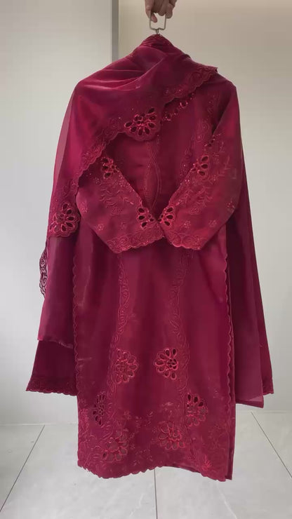 HIS WEDDING SEASON WEAR PAKISTANI SUIT WITH SEQUENCE EMBROIDERED AND CUT WORKED TOP, PLAZZO AND DUPATTA